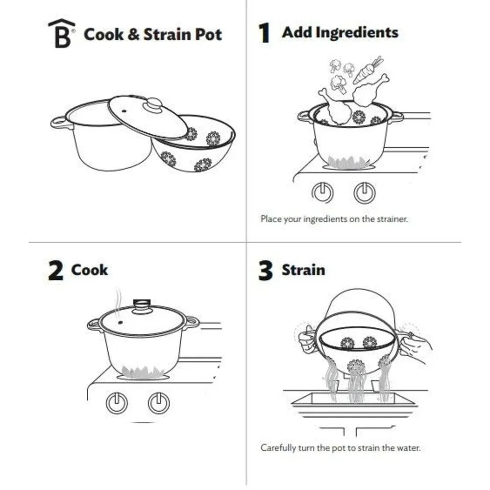 Easy Strain Pot Tilt Non-Stick Cookware 3-pc Black Clear Steam Release Lid NEW